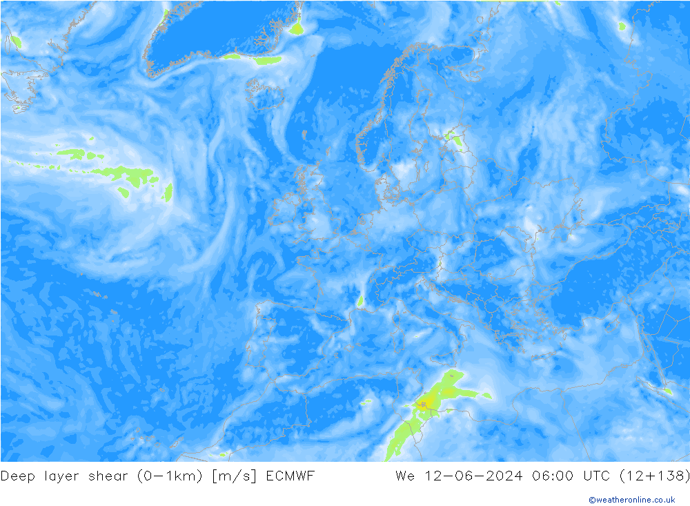 Deep layer shear (0-1km) ECMWF mer 12.06.2024 06 UTC