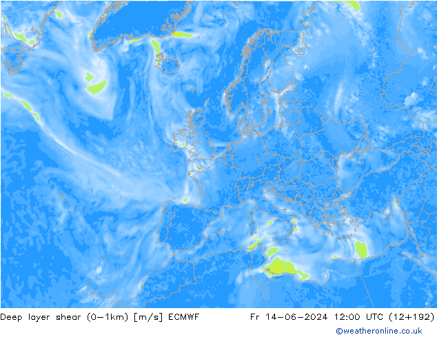 Deep layer shear (0-1km) ECMWF ven 14.06.2024 12 UTC