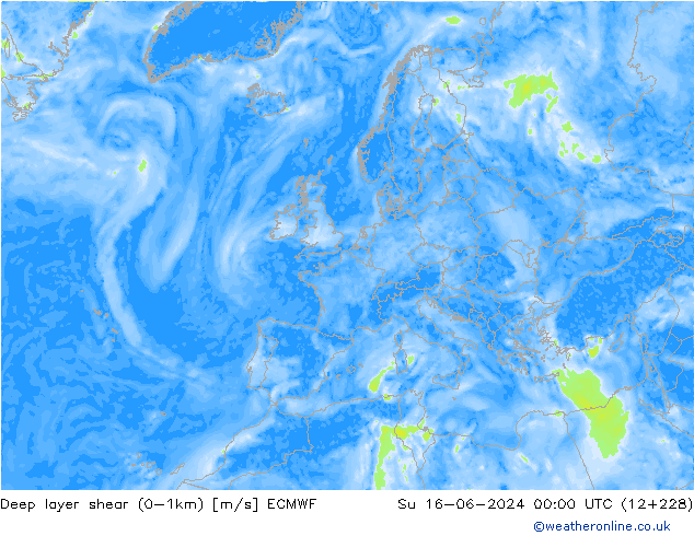 Deep layer shear (0-1km) ECMWF  16.06.2024 00 UTC