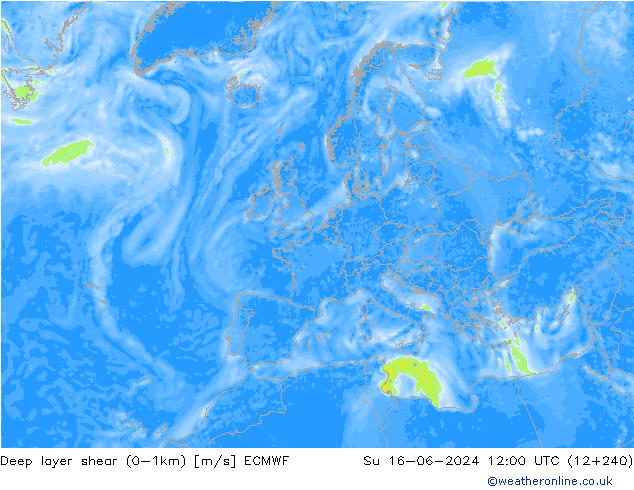 Deep layer shear (0-1km) ECMWF dom 16.06.2024 12 UTC