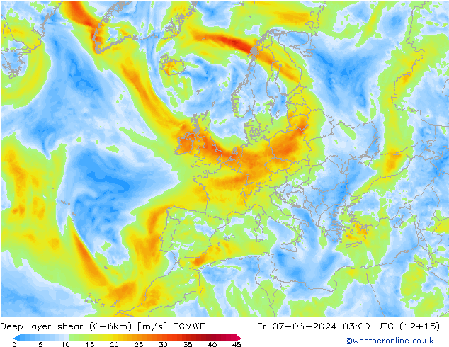 Deep layer shear (0-6km) ECMWF Fr 07.06.2024 03 UTC