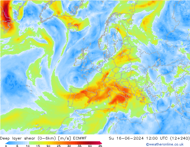 Deep layer shear (0-6km) ECMWF So 16.06.2024 12 UTC