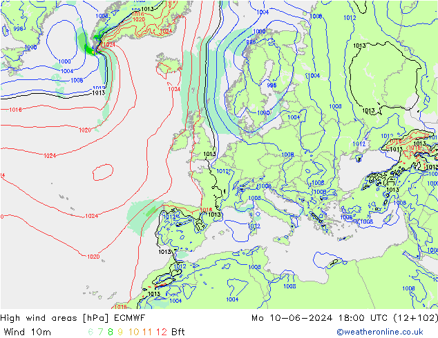 High wind areas ECMWF Mo 10.06.2024 18 UTC