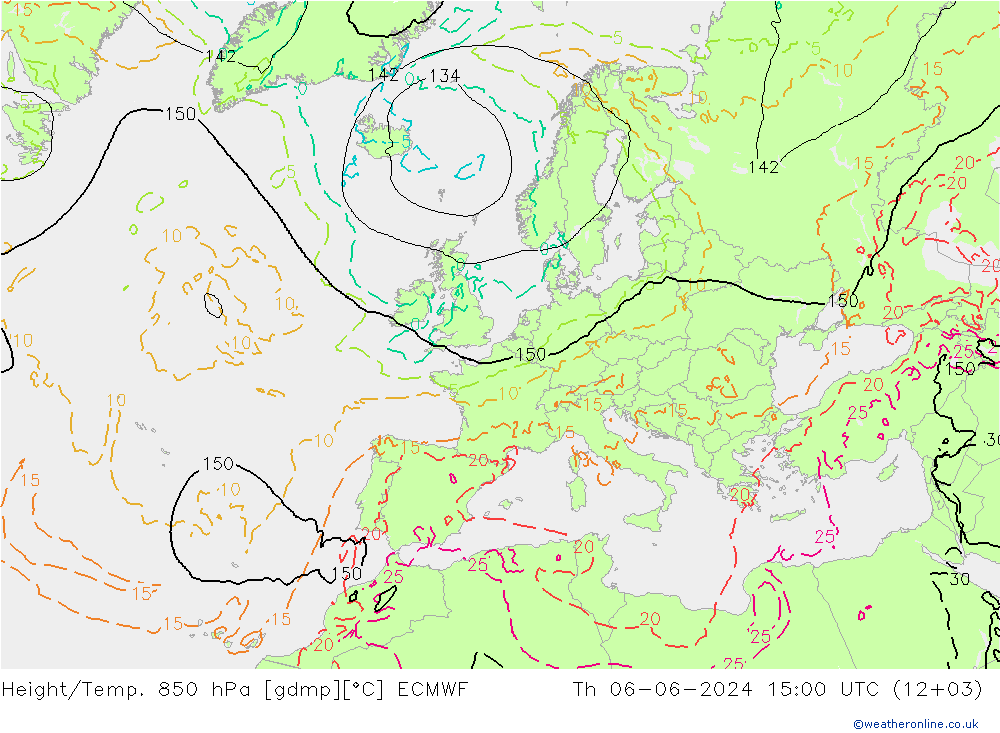 Height/Temp. 850 hPa ECMWF Th 06.06.2024 15 UTC