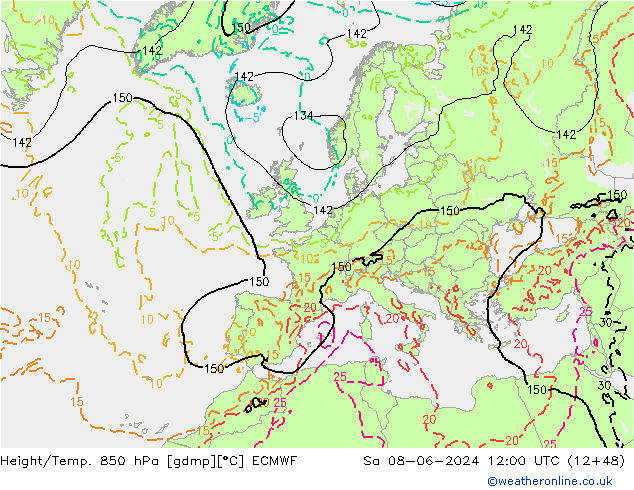 Z500/Rain (+SLP)/Z850 ECMWF Sa 08.06.2024 12 UTC