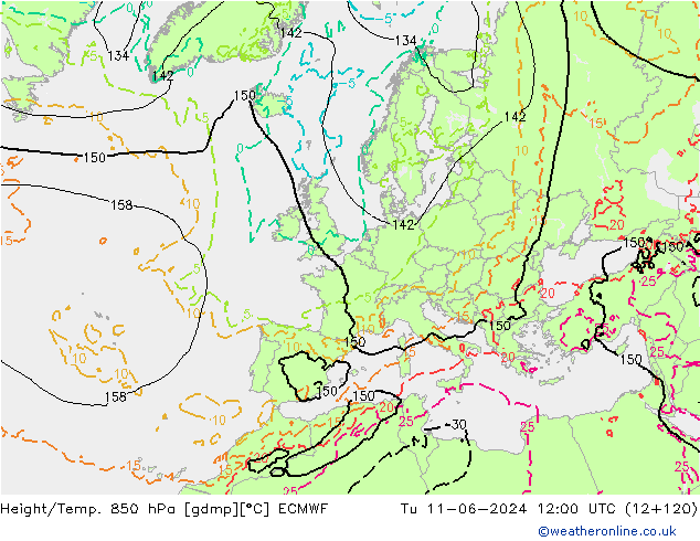 Height/Temp. 850 hPa ECMWF Tu 11.06.2024 12 UTC