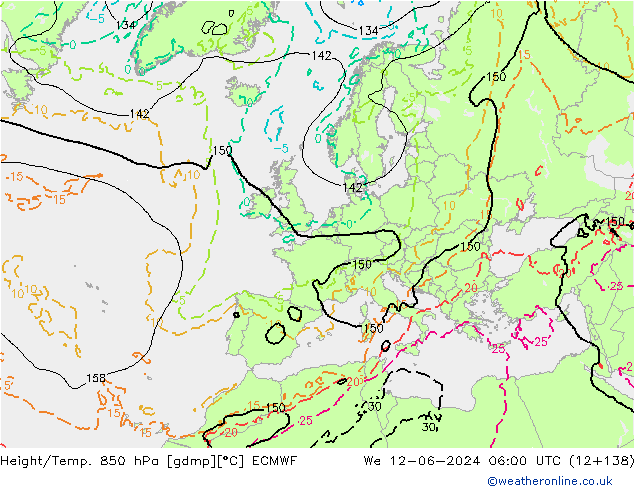 Hoogte/Temp. 850 hPa ECMWF wo 12.06.2024 06 UTC