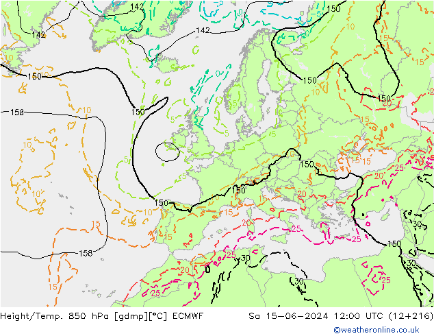 Z500/Rain (+SLP)/Z850 ECMWF sab 15.06.2024 12 UTC