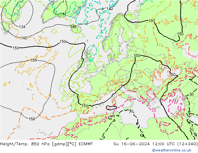 Height/Temp. 850 hPa ECMWF So 16.06.2024 12 UTC