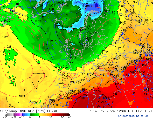 SLP/Temp. 850 hPa ECMWF Fr 14.06.2024 12 UTC