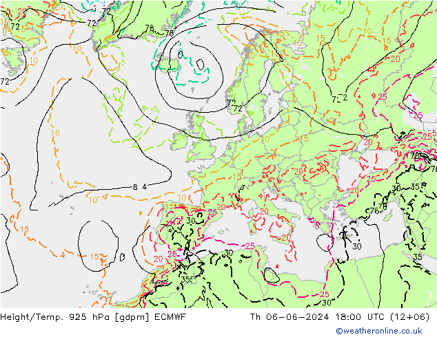 Height/Temp. 925 hPa ECMWF 星期四 06.06.2024 18 UTC