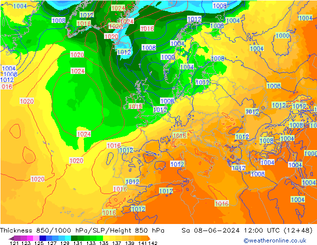 Schichtdicke 850-1000 hPa ECMWF Sa 08.06.2024 12 UTC