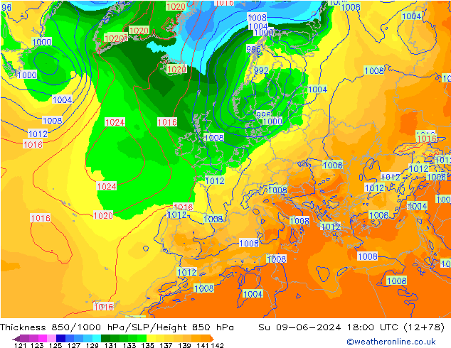 Thck 850-1000 гПа ECMWF Вс 09.06.2024 18 UTC