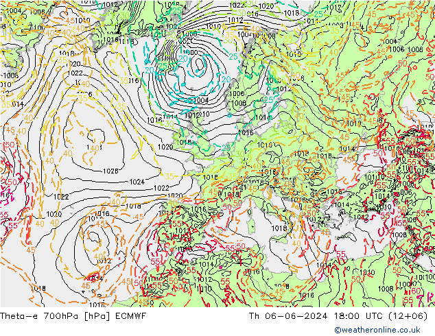 Theta-e 700hPa ECMWF 星期四 06.06.2024 18 UTC