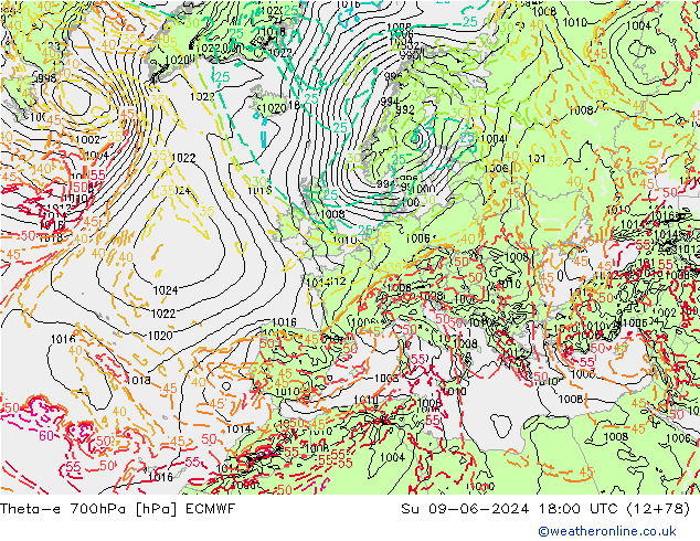 Theta-e 700hPa ECMWF So 09.06.2024 18 UTC