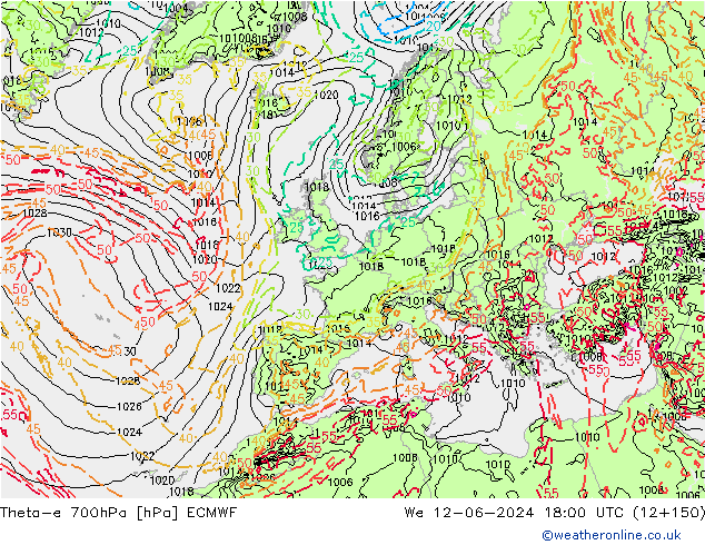 Theta-e 700hPa ECMWF mer 12.06.2024 18 UTC