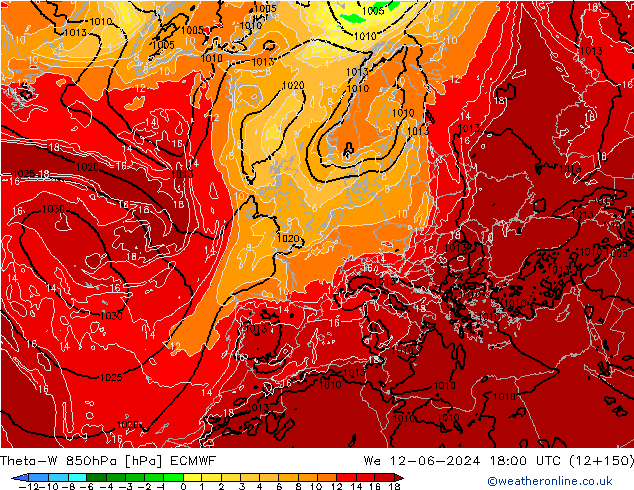 Theta-W 850hPa ECMWF St 12.06.2024 18 UTC