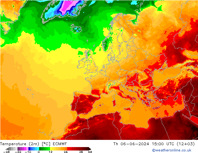 mapa temperatury (2m) ECMWF czw. 06.06.2024 15 UTC