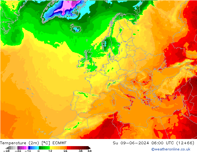 Temperaturkarte (2m) ECMWF So 09.06.2024 06 UTC