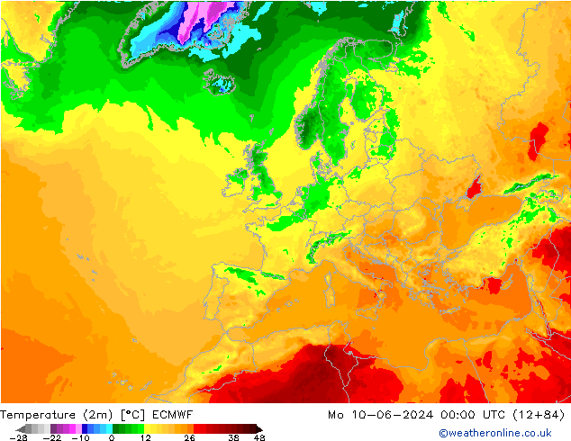 Temperature (2m) ECMWF Mo 10.06.2024 00 UTC