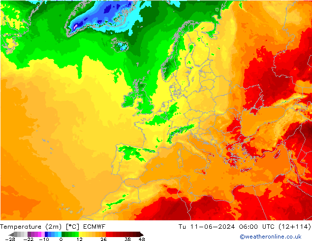 mapa temperatury (2m) ECMWF wto. 11.06.2024 06 UTC