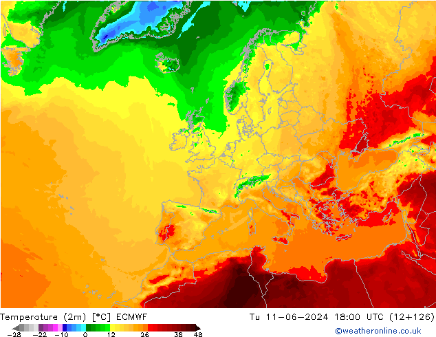 Temperature (2m) ECMWF Tu 11.06.2024 18 UTC