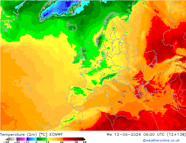 Temperatura (2m) ECMWF mer 12.06.2024 06 UTC