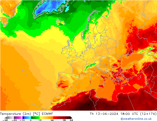 Temperatura (2m) ECMWF Qui 13.06.2024 18 UTC