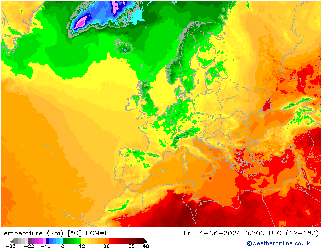 mapa temperatury (2m) ECMWF pt. 14.06.2024 00 UTC