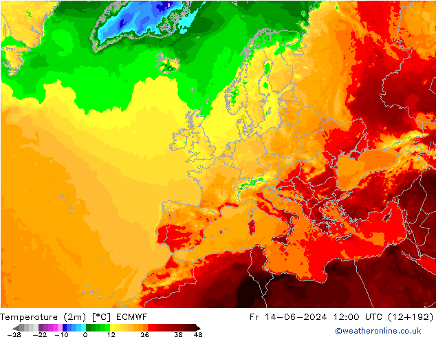 Temperaturkarte (2m) ECMWF Fr 14.06.2024 12 UTC