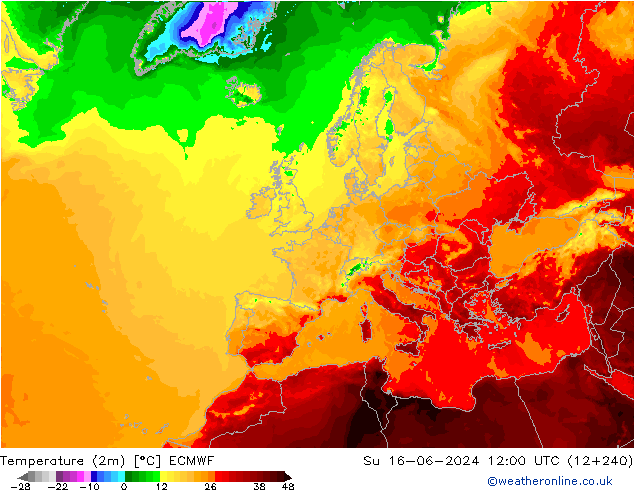 Temperaturkarte (2m) ECMWF So 16.06.2024 12 UTC