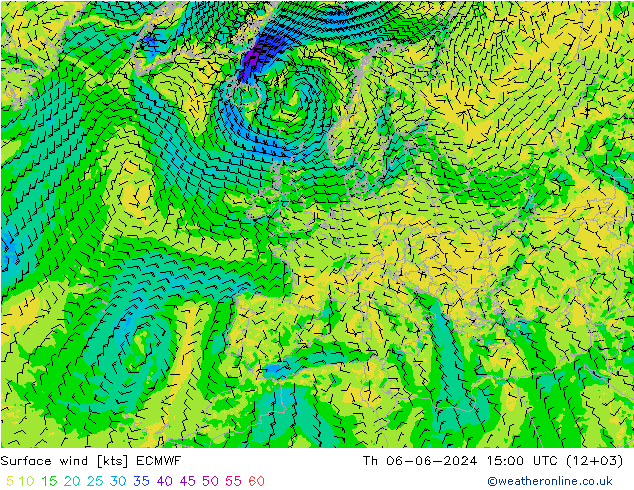 wiatr 10 m ECMWF czw. 06.06.2024 15 UTC