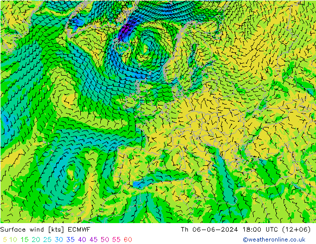 wiatr 10 m ECMWF czw. 06.06.2024 18 UTC