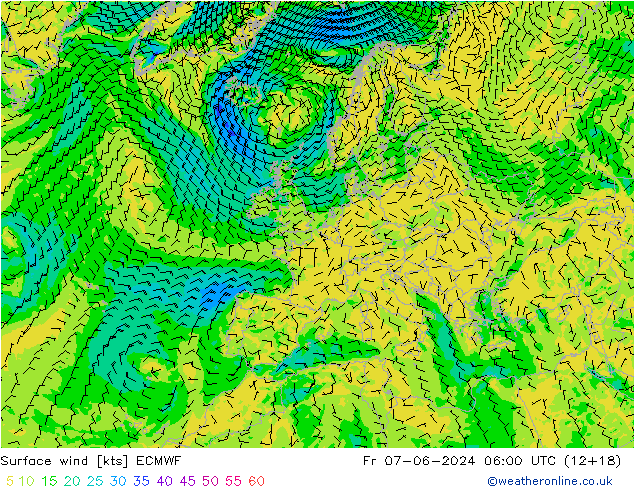 wiatr 10 m ECMWF pt. 07.06.2024 06 UTC