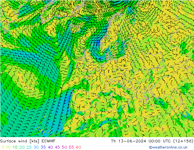 Vento 10 m ECMWF Qui 13.06.2024 00 UTC