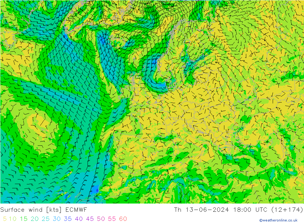 wiatr 10 m ECMWF czw. 13.06.2024 18 UTC