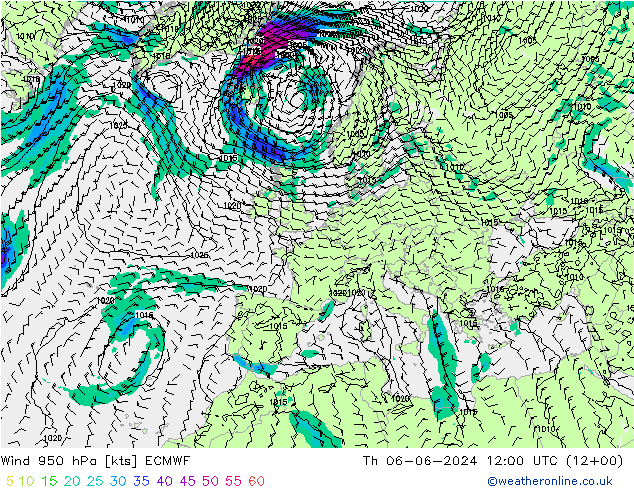 Wind 950 hPa ECMWF Th 06.06.2024 12 UTC