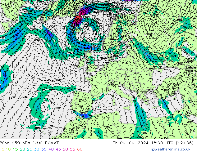 风 950 hPa ECMWF 星期四 06.06.2024 18 UTC