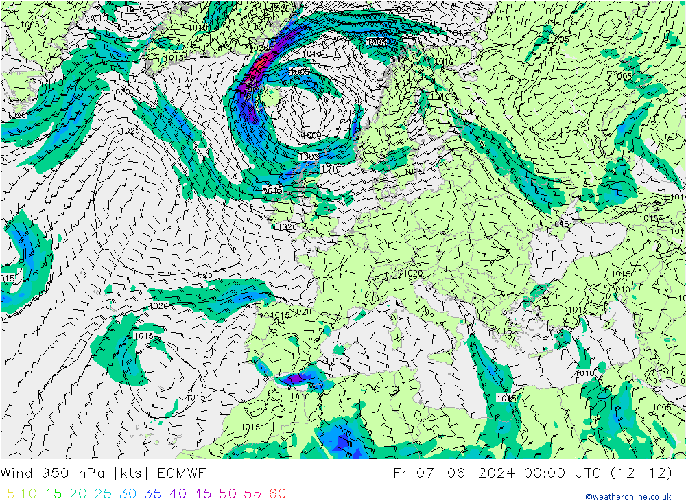 Wind 950 hPa ECMWF Fr 07.06.2024 00 UTC