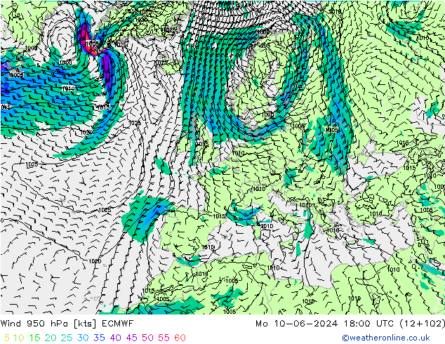 Vento 950 hPa ECMWF Seg 10.06.2024 18 UTC