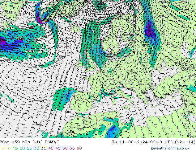 Viento 950 hPa ECMWF mar 11.06.2024 06 UTC