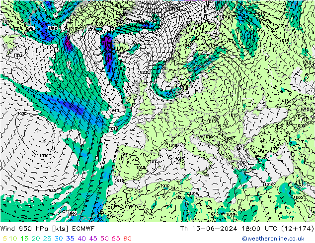 Wind 950 hPa ECMWF do 13.06.2024 18 UTC