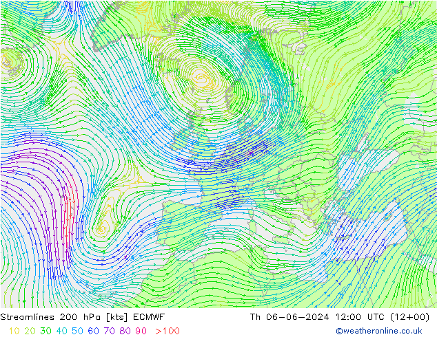 Streamlines 200 hPa ECMWF Th 06.06.2024 12 UTC