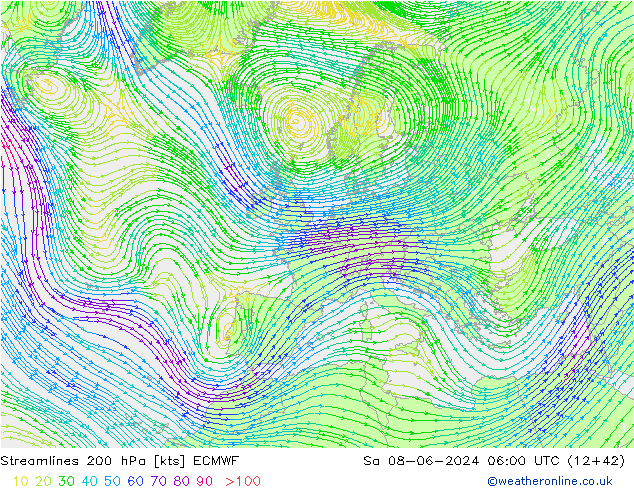 Stromlinien 200 hPa ECMWF Sa 08.06.2024 06 UTC