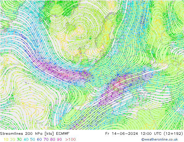 Linea di flusso 200 hPa ECMWF ven 14.06.2024 12 UTC