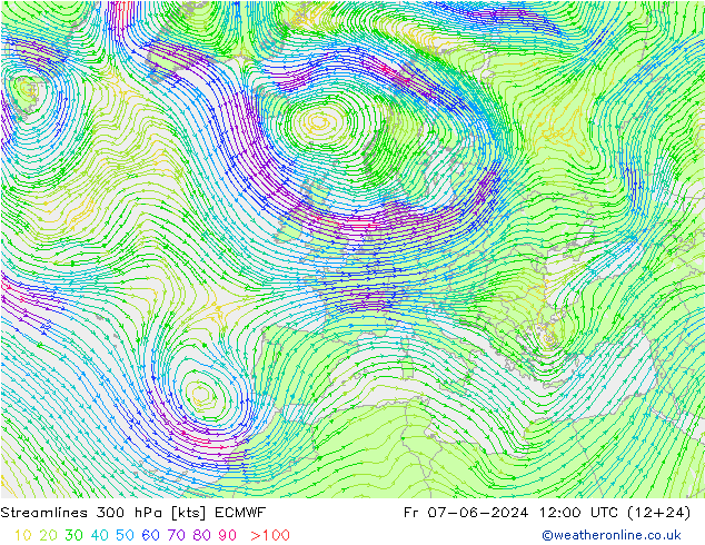 Línea de corriente 300 hPa ECMWF vie 07.06.2024 12 UTC