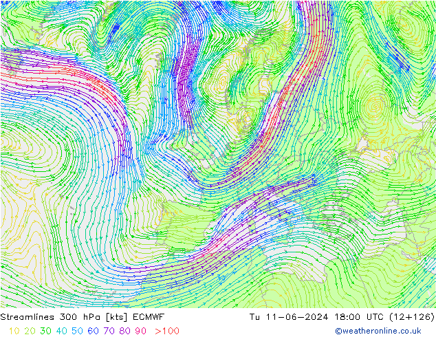 Stromlinien 300 hPa ECMWF Di 11.06.2024 18 UTC