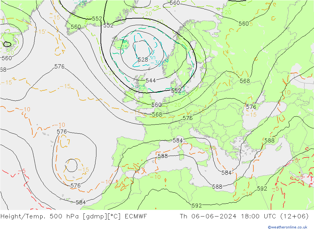 Z500/Rain (+SLP)/Z850 ECMWF Čt 06.06.2024 18 UTC