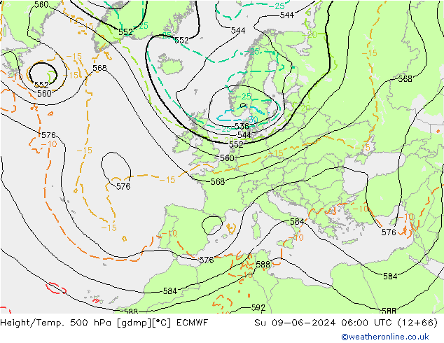 Z500/Rain (+SLP)/Z850 ECMWF Su 09.06.2024 06 UTC