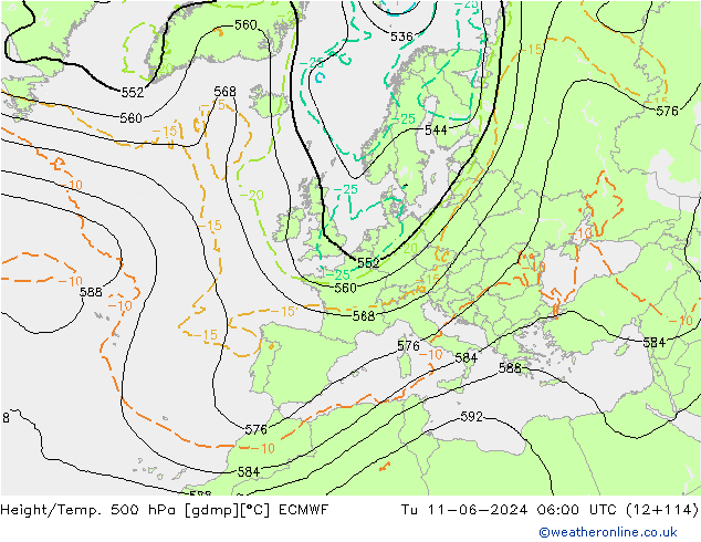 Z500/Rain (+SLP)/Z850 ECMWF Út 11.06.2024 06 UTC